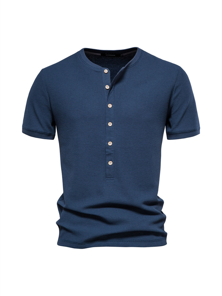 Henley Collar Knit Slim Short-sleeved T-shirt Shirt Casual Button Round Neck Men's Solid Color Waffle Pullover T-shirt