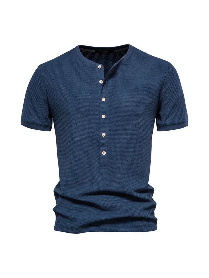 Henley Collar Knit Slim Short-sleeved T-shirt Shirt Casual Button Round Neck Men's Solid Color Waffle Pullover T-shirt-Cosfine