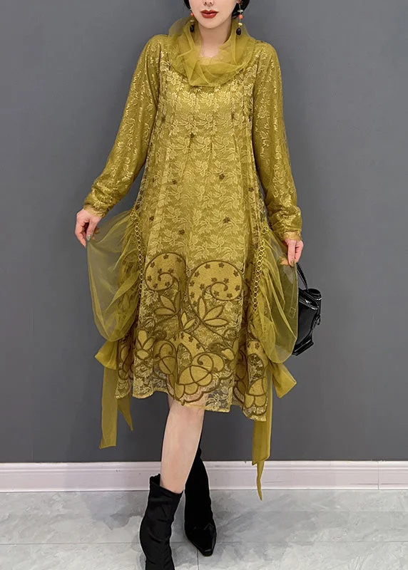 Chic Yellow Turtleneck Embroideried Tulle Holiday Dress Long Sleeve