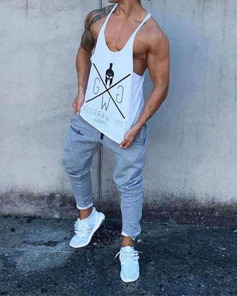 Mens Fashion Fitness Muscle Geometric Print Casual Vest