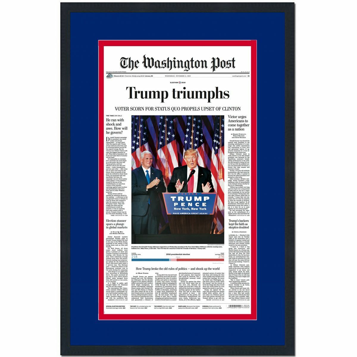 Framed The Washington Post 2016 Donald Trump Election Newspaper 17x27 Photo Poster painting