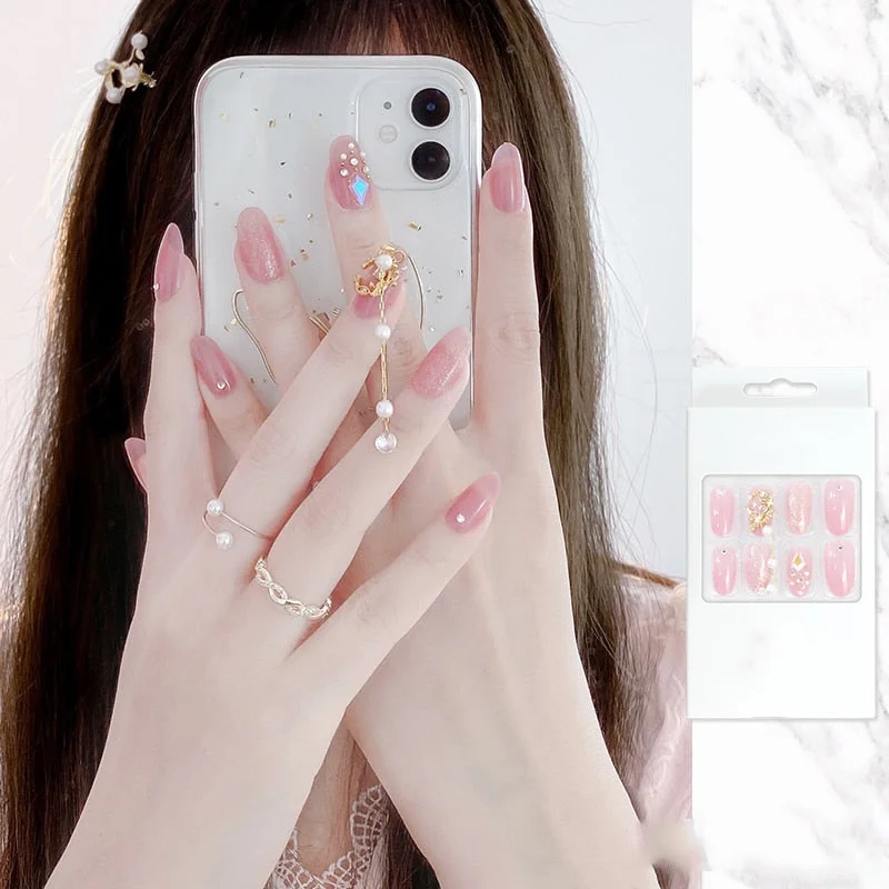 24PCS/box Mid-length  stiletto nail tips Gradients wear full cover paragraph fashion Manicure patch false fingernails for girls-Nail Inspo