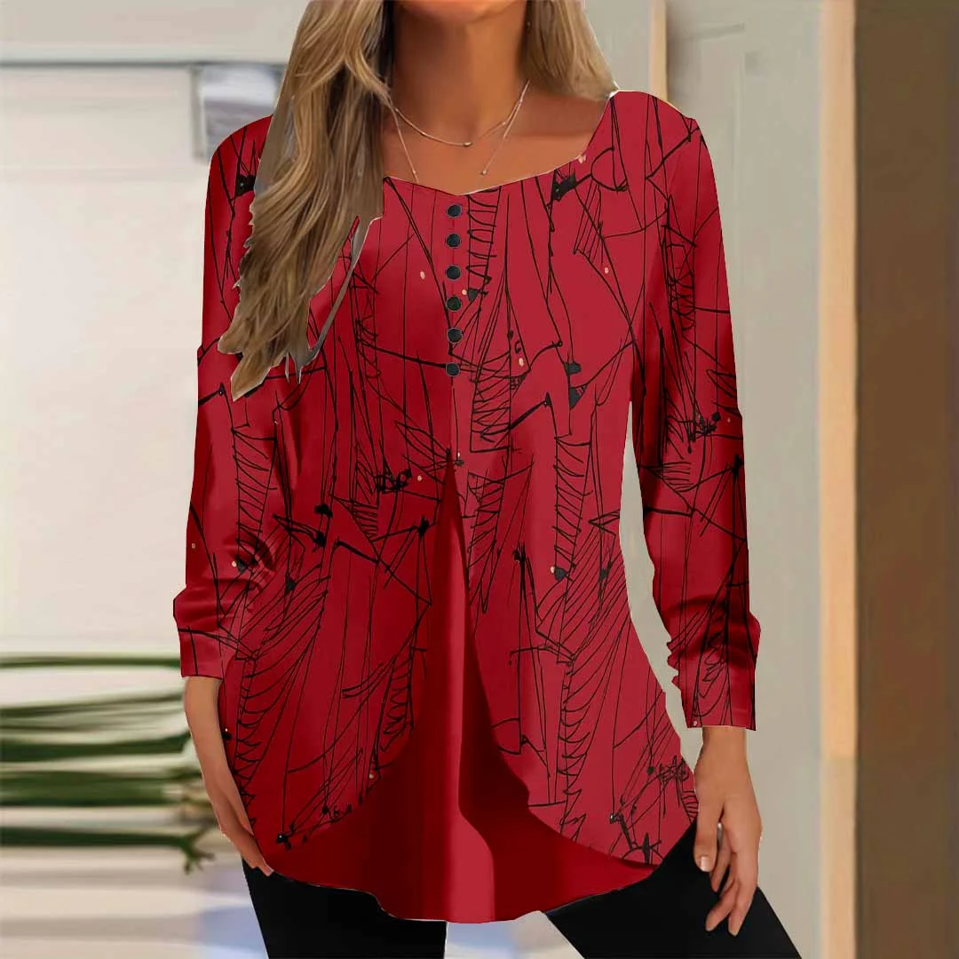 Women Striped,Red DZGG8285 Long Sleeve Scoop Neck Printed Graphic Button Fake 2in1 Tops