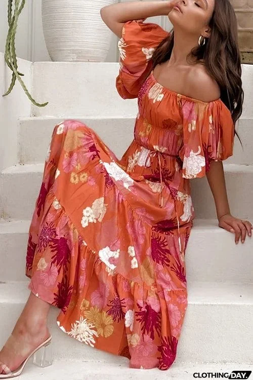 Floral Off Shoulder Shirring Maxi Dress