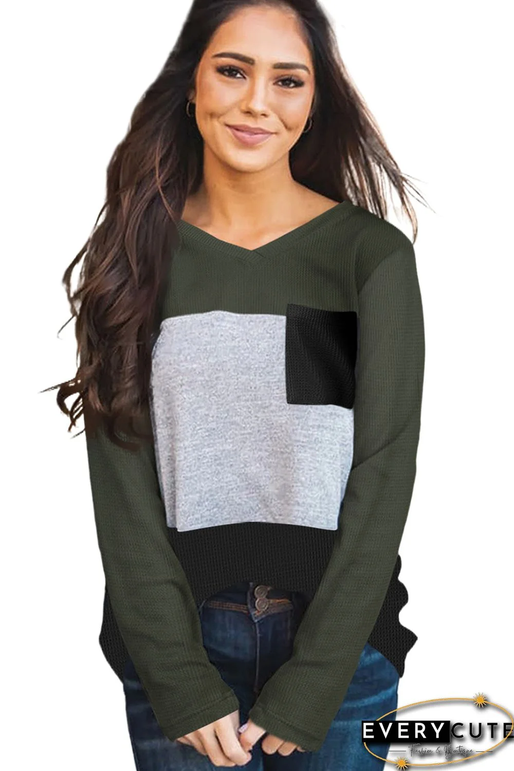 Green Accent Color Block Knit Long Sleeve Top