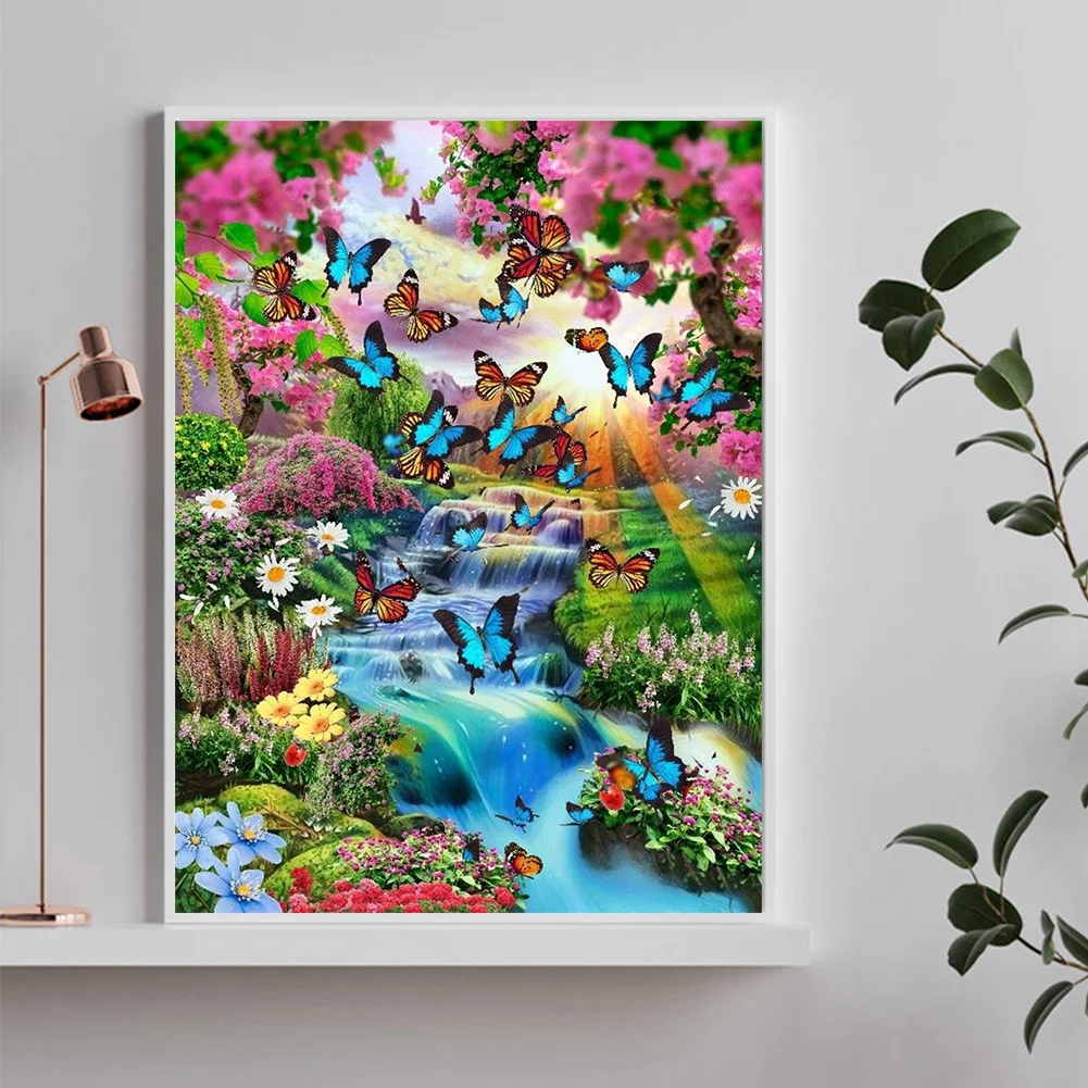 Diamond Painting - Full Round Drill - Flower Butterfly Waterfall(30*40cm)