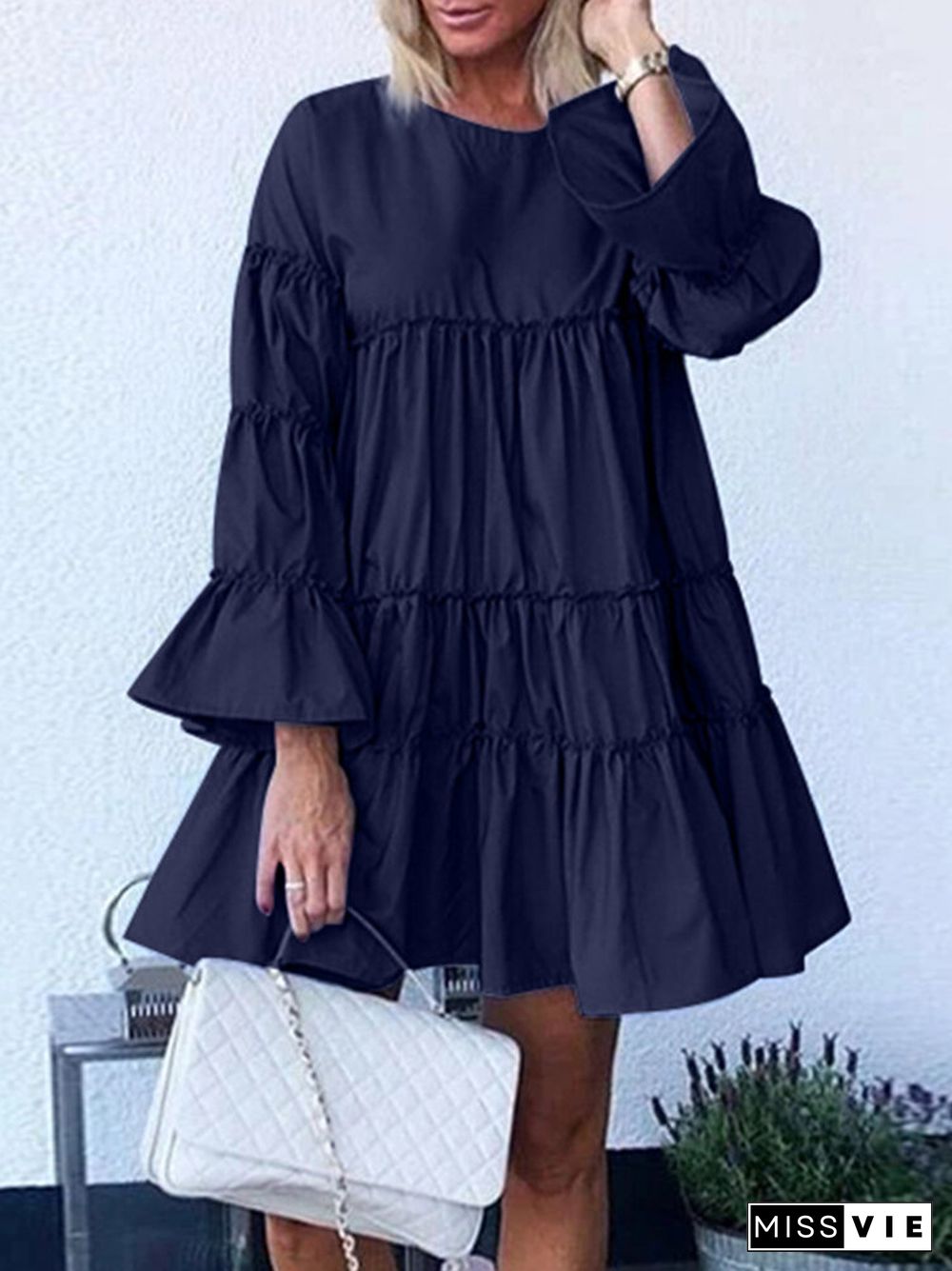 Solid Color O-neck Long Bell Sleeve Casual Layered Dress