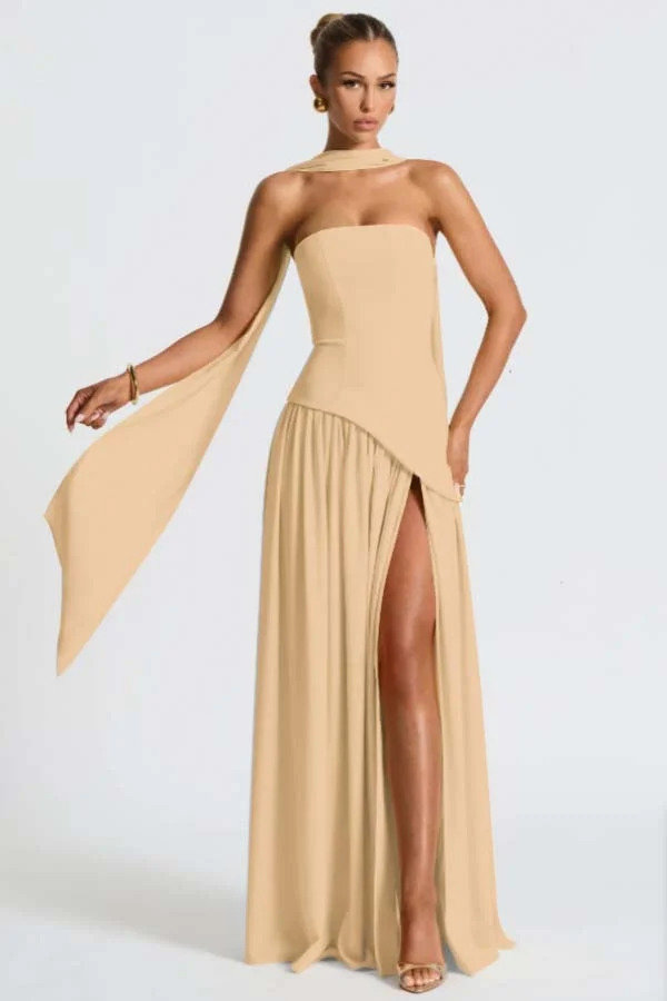 Light Yellow Fashion Split Strapless Summer Prom Dress With Scarf ZT0800