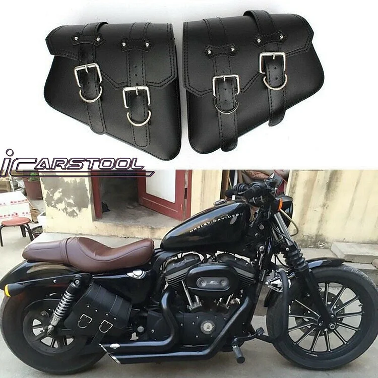 ICARSTOOL 2 PCS Motorcycle Black Leather Side Saddle Bags For Harley Sportster XL883/1200