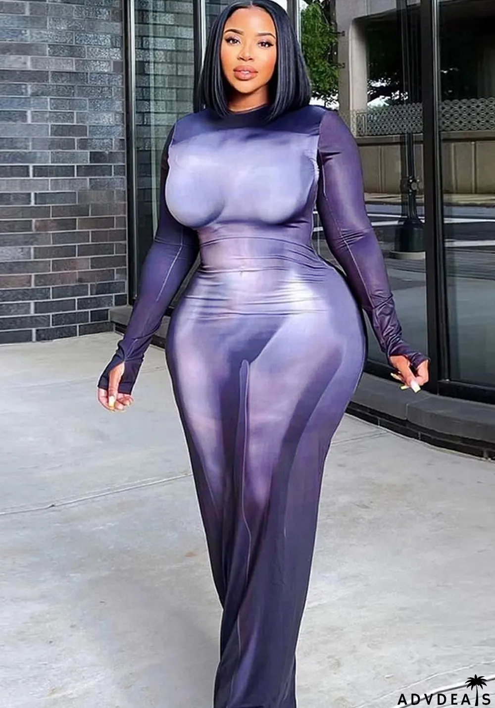 Fashion Casual Round Neck Slim Print Long Sleeve Bodycon Dress