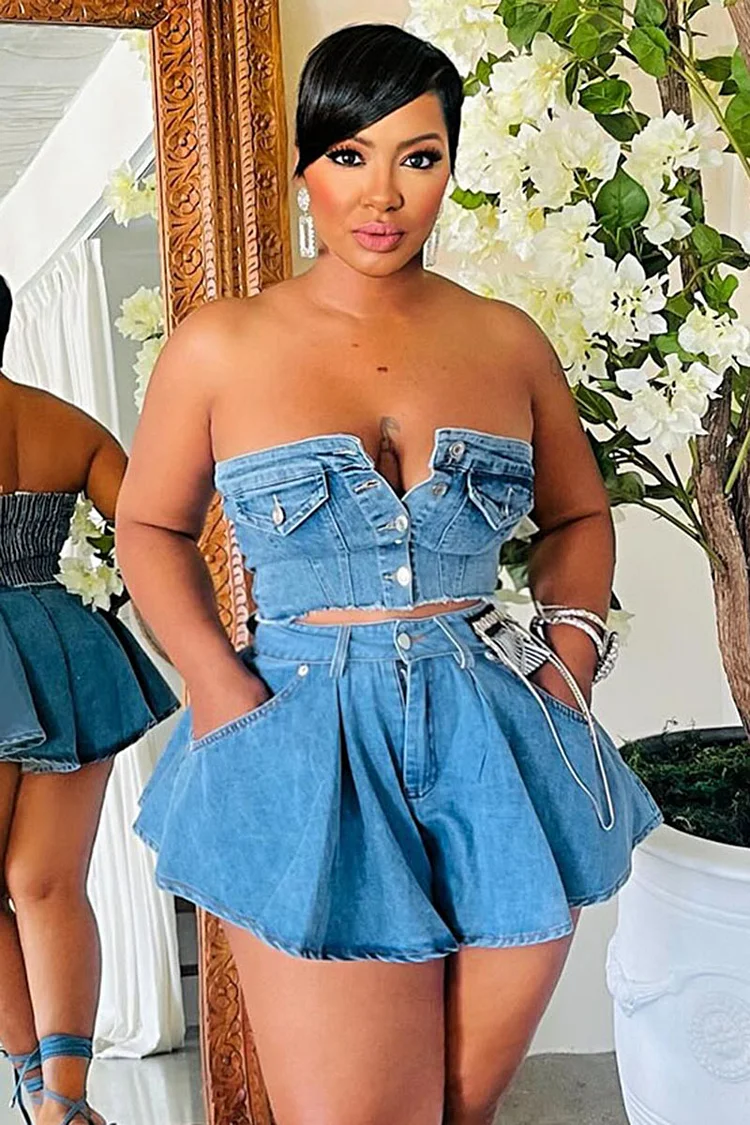 Frayed Denim Button Tube Top Pocket Mini Skirt Matching Set-Blue [Pre Order]