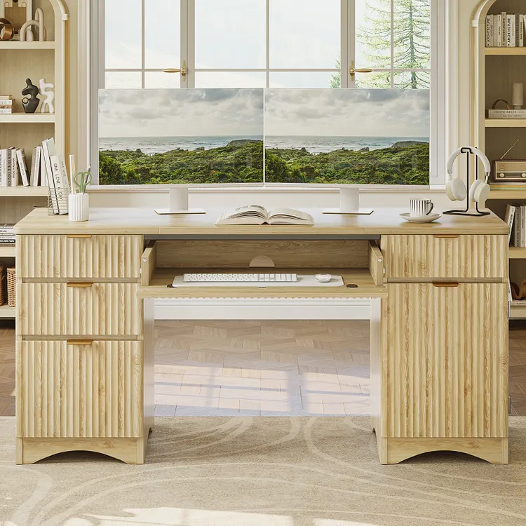 Bestier 63" Executive Desk with Keyboard Tray, Modern Home Office Desk with 4 Drawers & 1 Large Cabinet, Fluted Computer Writing Desk for Study, Living Room, Bedroom