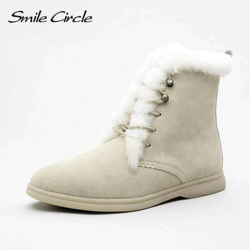 Smile Circle winter Ankle boots cow-suede-leather boots fashion natural-fur Warm boots Comfortable snow boots women