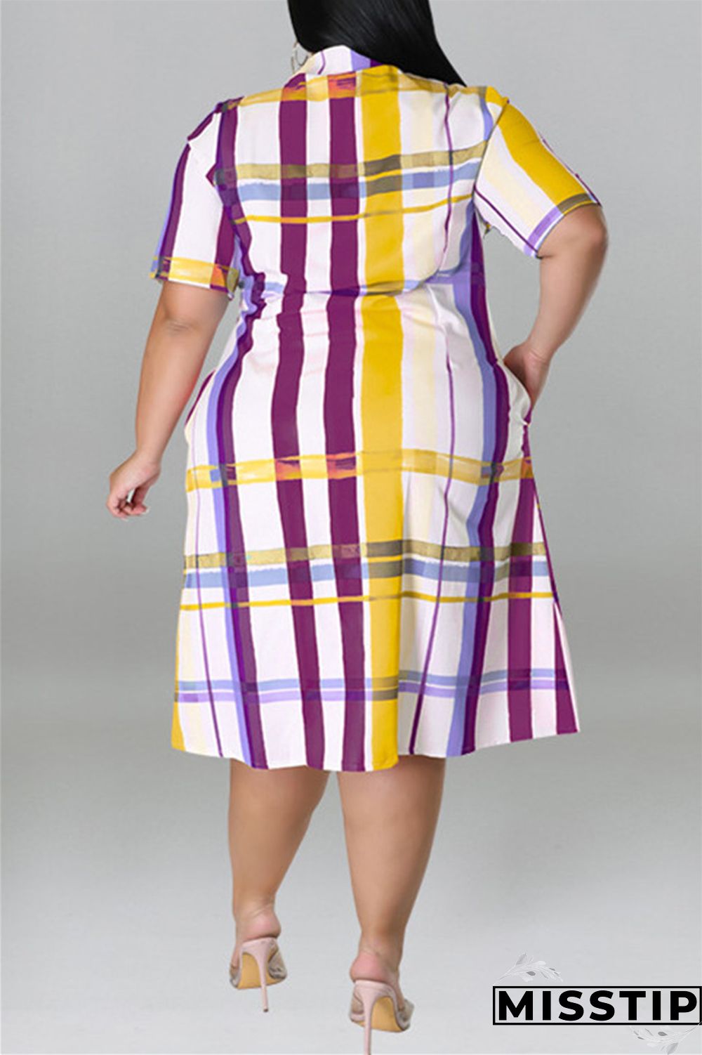 Blue Fashion Casual Plus Size Plaid Print Patchwork Turndown Collar Shirt Dress