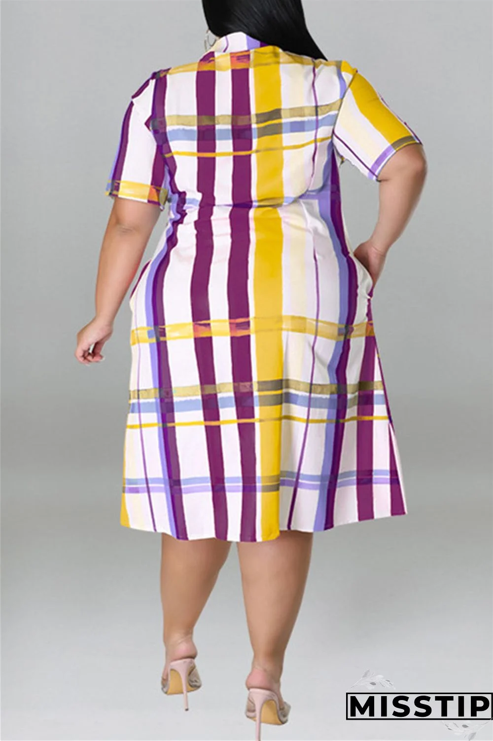 Blue Fashion Casual Plus Size Plaid Print Patchwork Turndown Collar Shirt Dress