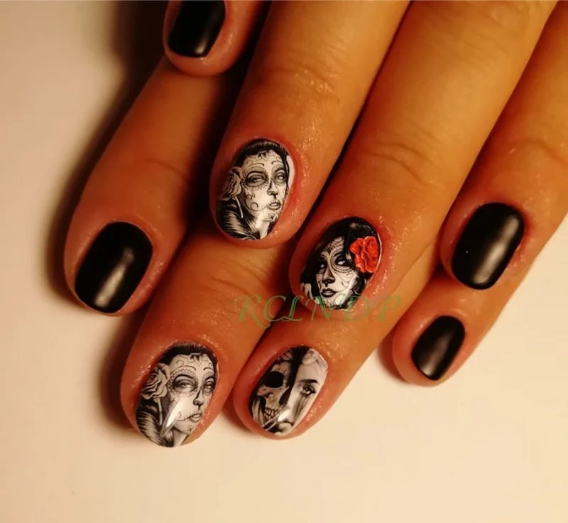 Water sticker for nail art decoration slider skull witch with rose flower watercolor ink design decal lacquer accessoires