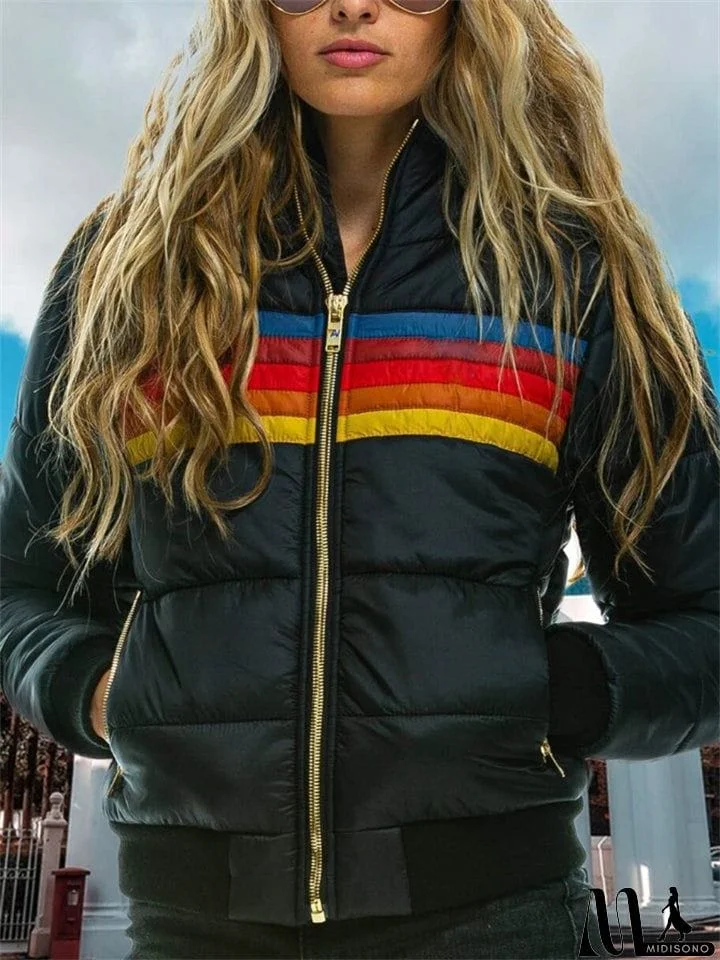 MidiSono - Female Casual Hooded Contrast Color Short Padded Jacket
