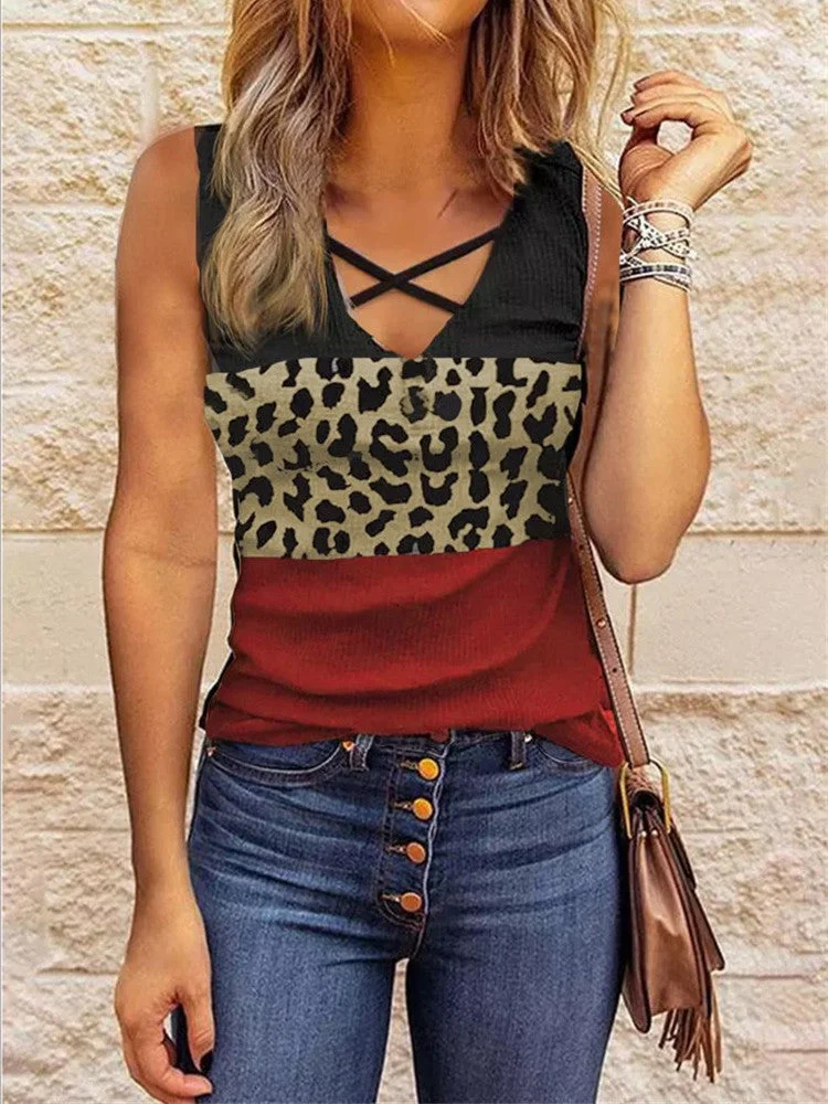 Women plus size clothing Women's Summer Sleeveless V-neck Leopard Stitching Fashion Top-Nordswear