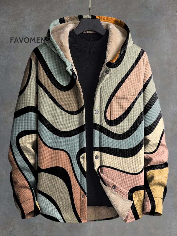 Block Lines Print Waffle Plush Thick Long-Sleeved Hooded Coat Multicolor / S