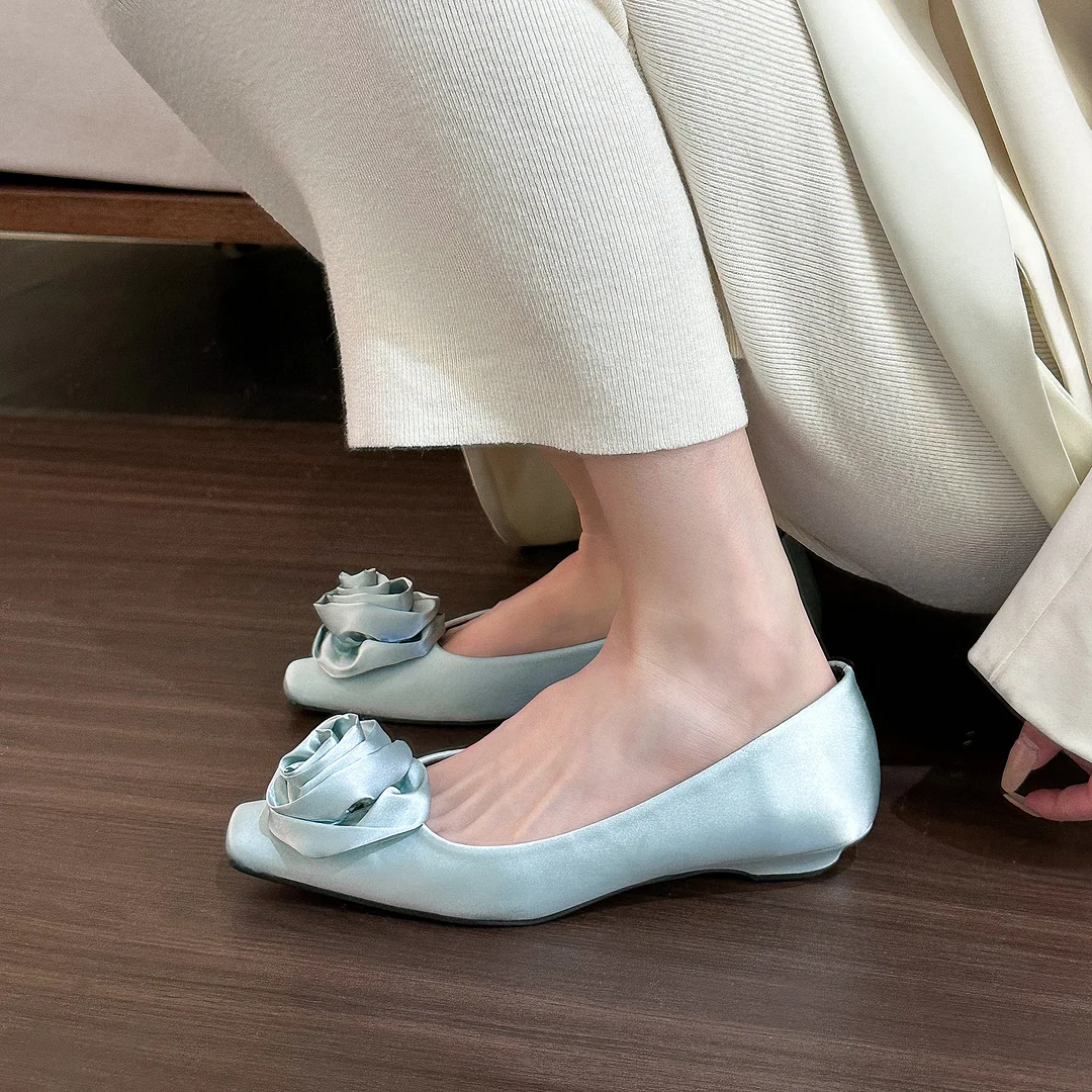 Qengg Roses! Gentle Apricot Silk Satin Head Shallow Mouth Single Shoes Women's Low Thick Heels Flat Shoes