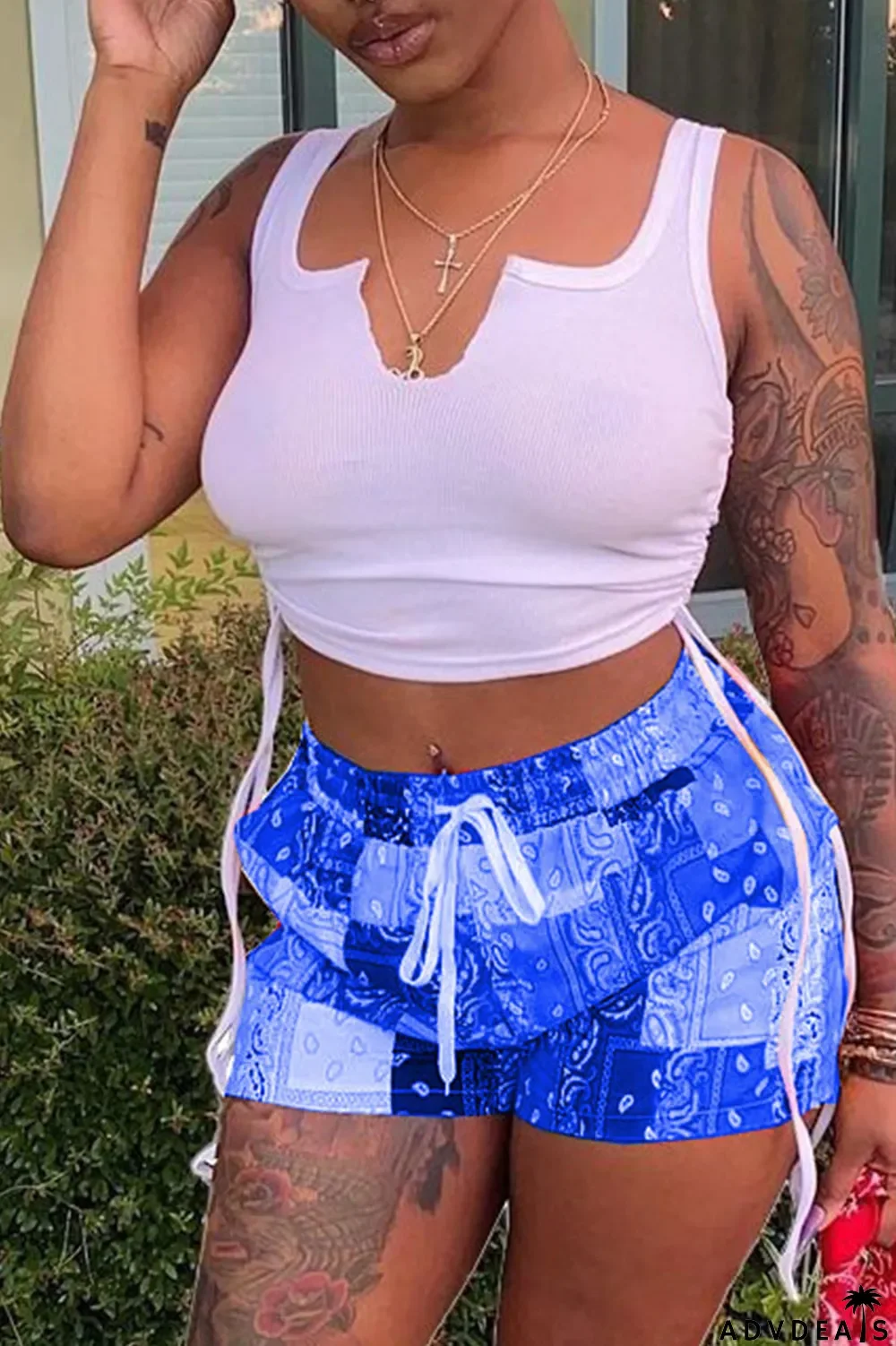 Grey Sexy Print Ripped Contrast Spaghetti Strap Sleeveless Two Pieces