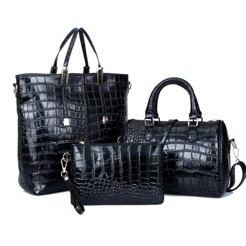 Amberler Fashion PU Leather Women Handbags Luxury Designer Crocodile Pattern 3 Pieces Sets Shoulder Bag High Quality Tote Bags