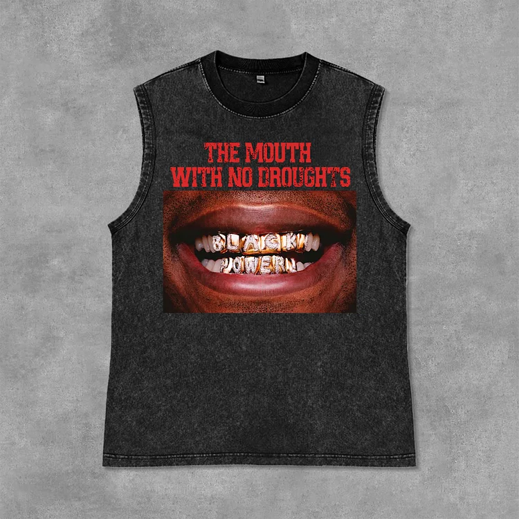 Lips Graphic The Mouth With No Droughts Print Acid Washed Sleeveless Tank Top SOPULA