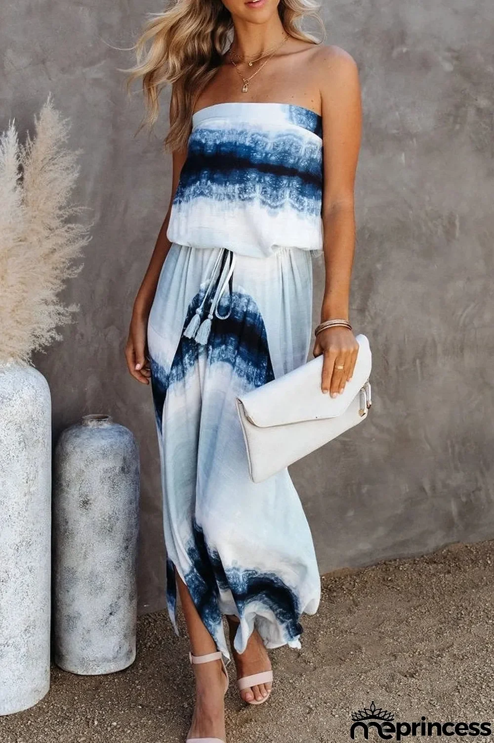 Tie Dye Drawstring Waist Tassel Tube Dress