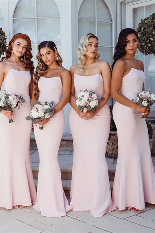 Classic Pink Strapless Mermaid Bridesmaid Dress Long - lulusllly
