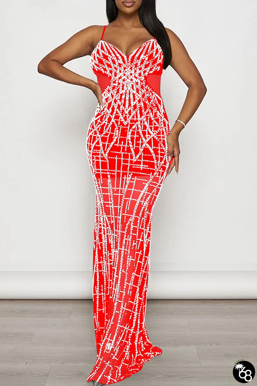 Red Elegant Solid Patchwork Mesh Hot Drill Zipper Spaghetti Strap One Step Skirt Dresses | 168DEAL