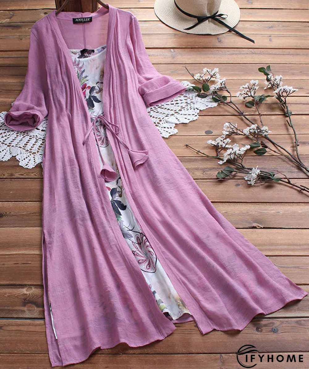 Women Vintage Boho O-Neck Floral Print Lace Two-Piece 3/4 Sleeve Dress | IFYHOME