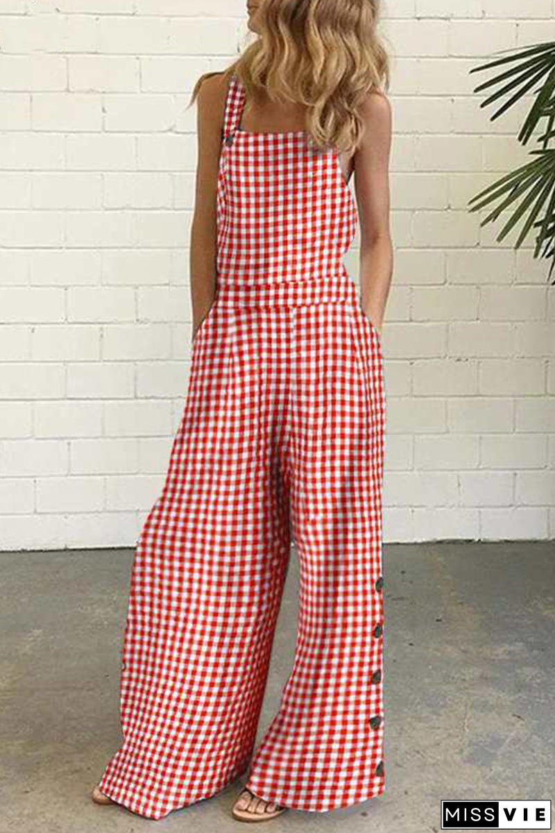 Casual Plaid Buttons Square Collar Straight Jumpsuits