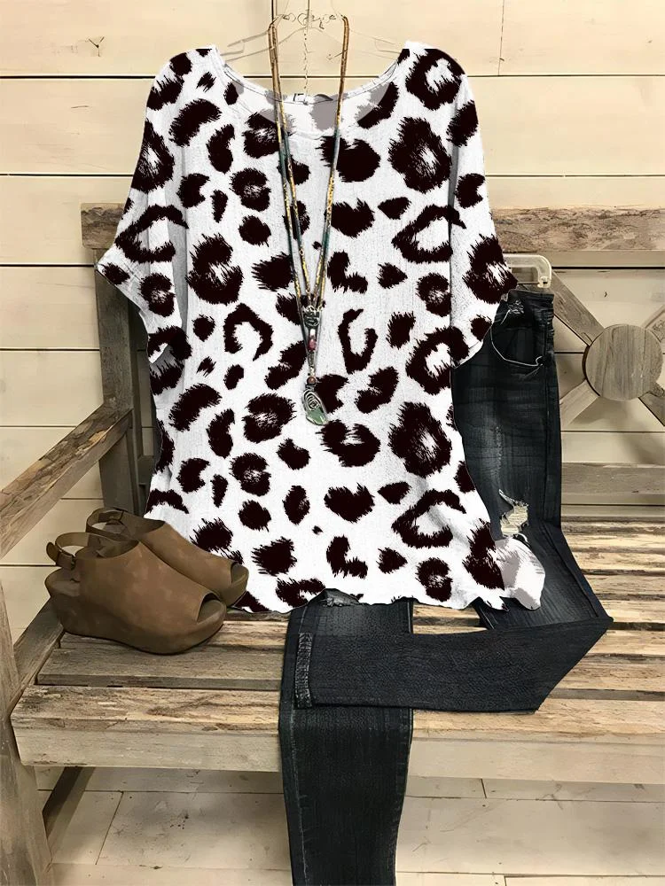 Women's Casual Leopard Print Round Neck Half-sleeve T-shirt