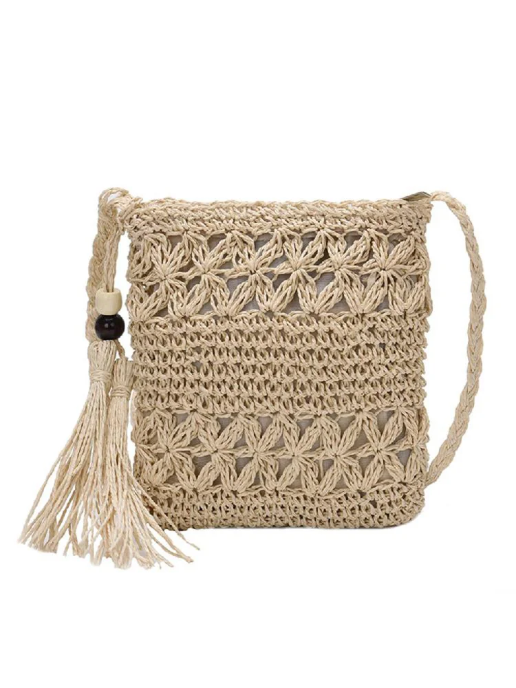 Solid Color Tassel Shoulder Handbags Women Woven Messenger Bags (Beige)