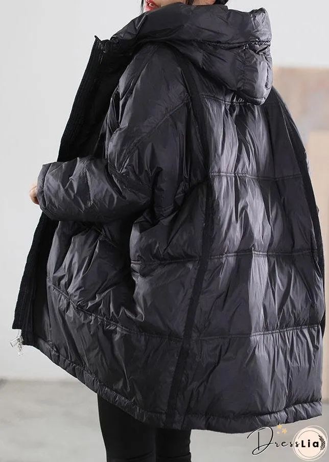 Women Black Hooded drawstring Duck Down Down Jacket Winter
