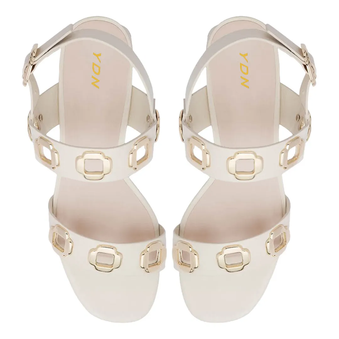Ivory Open Toe Metal Decor Cut-Out Strap Block Heel Sandals