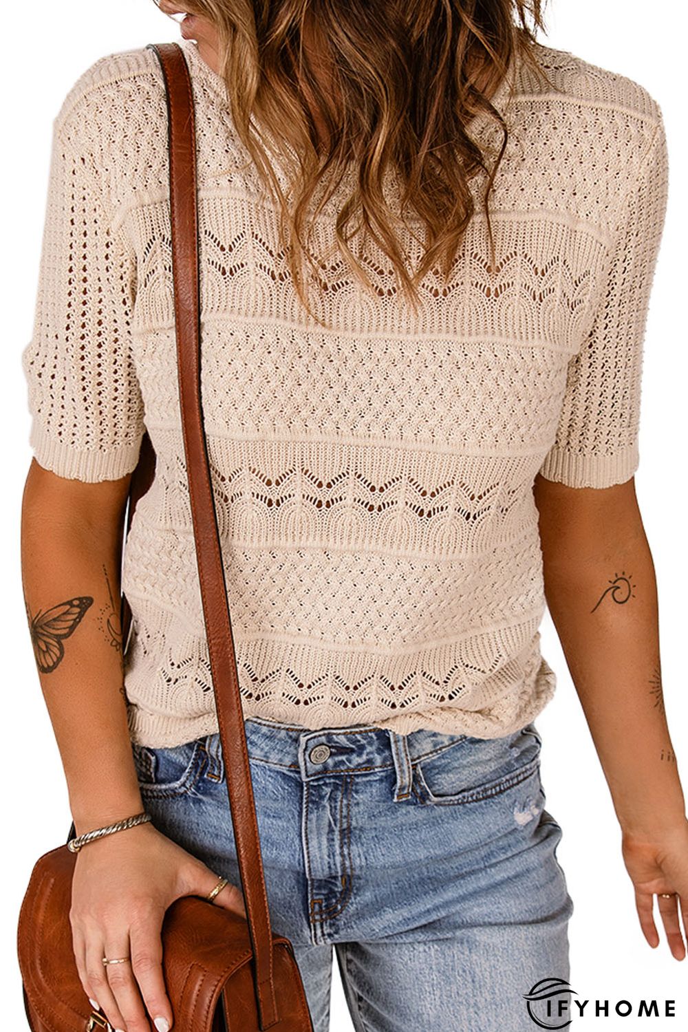Apricot Crochet Hollow-out Short Sleeve T-shirt | IFYHOME