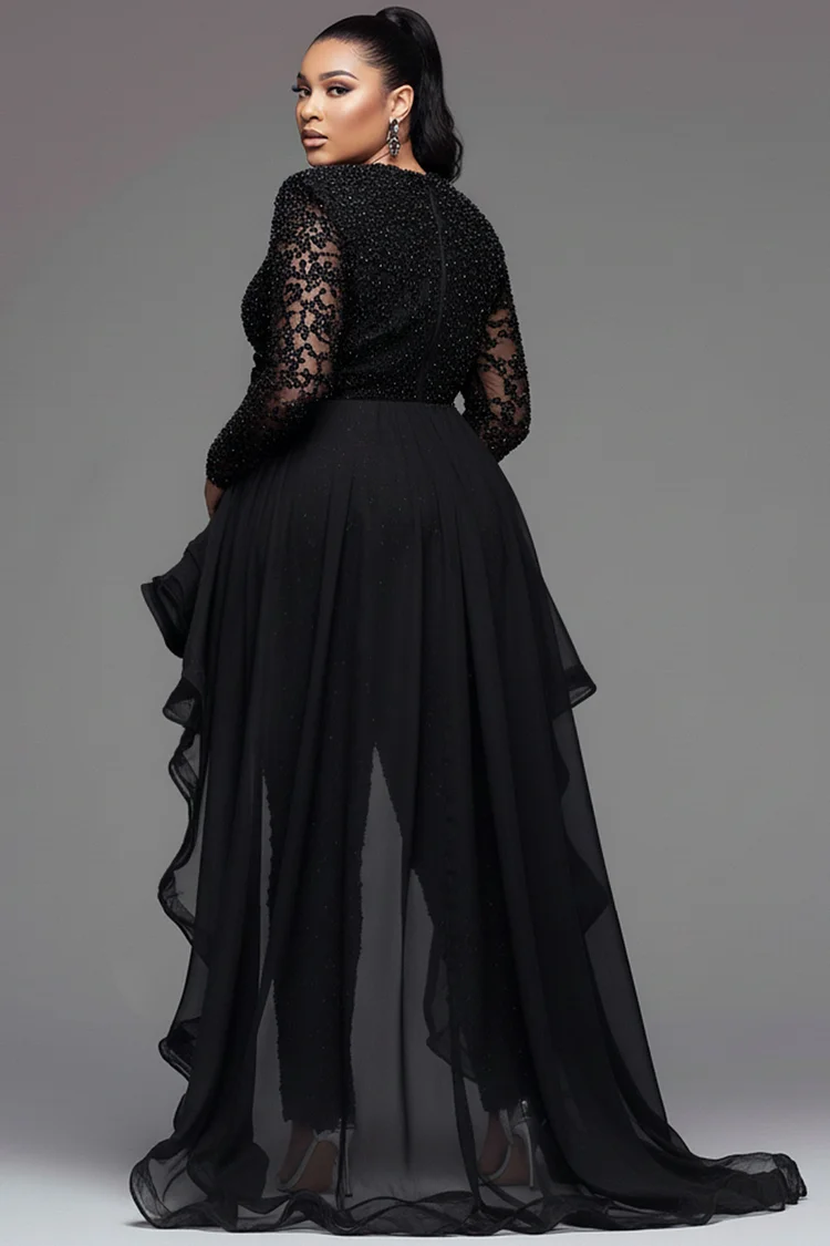 Xpluswear Design Plus Size Formal Tulle Black V Neck Lantern Sleeve Long Sleeve With Skirt Overlay Elegant 3D Lace Jumpsuits [Pre-Order]