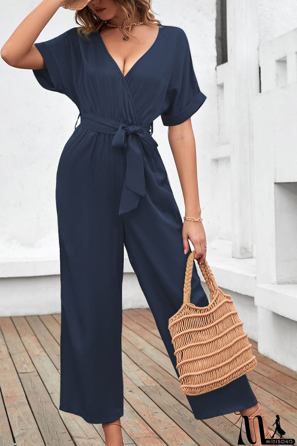 MidiSono - Tie Waist Surplice Wide Leg Jumpsuit