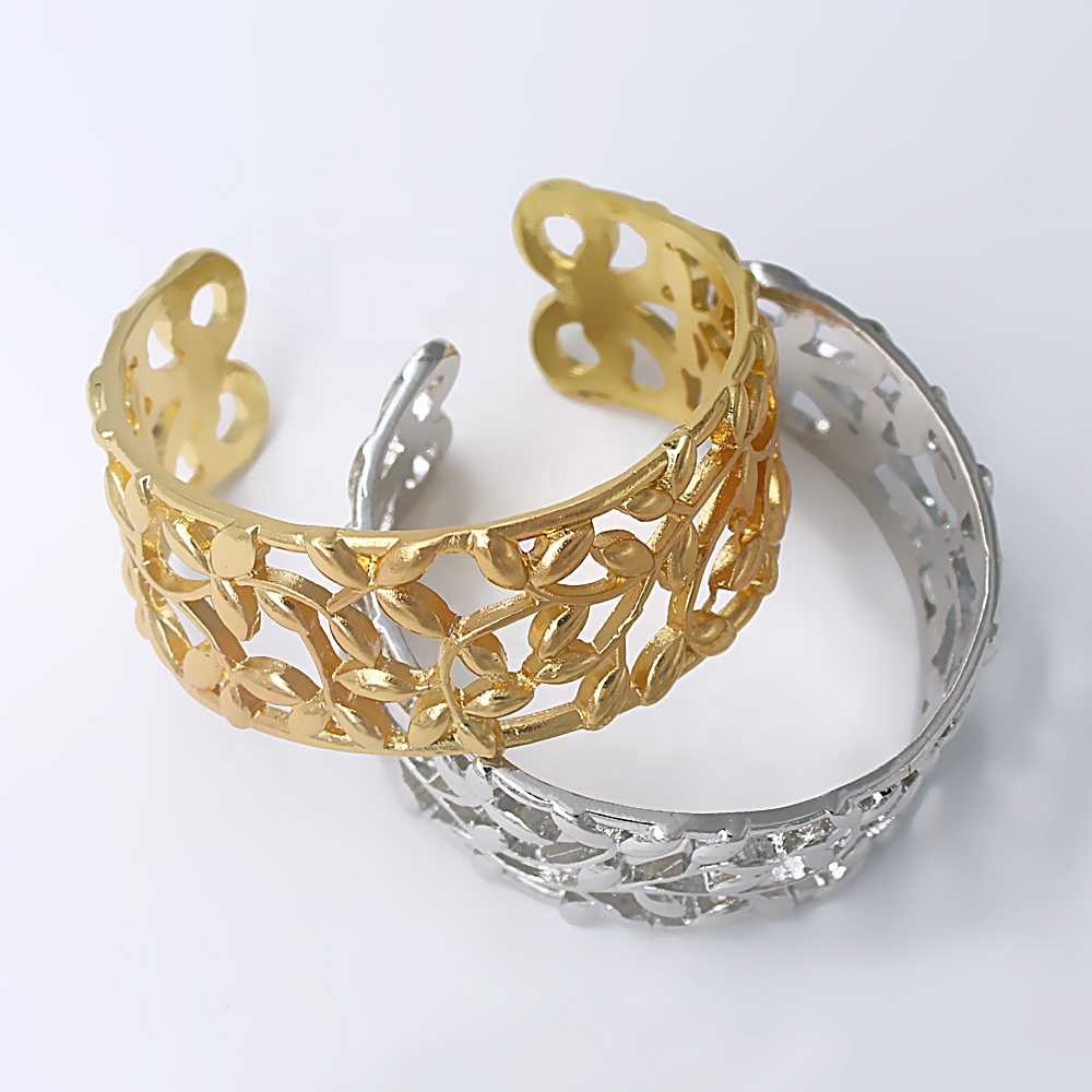 Custom Design Metal Alloy Carved Hollow Branch Wide Open Leaf Cuff Bangles For Women Girls Lady Gifts