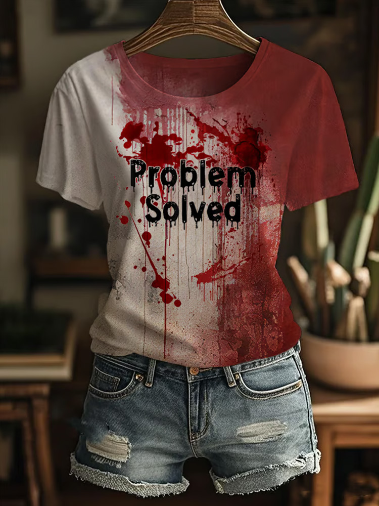 Women's Bloody Problem Solved Print Crew Neck T-shirt wearshes