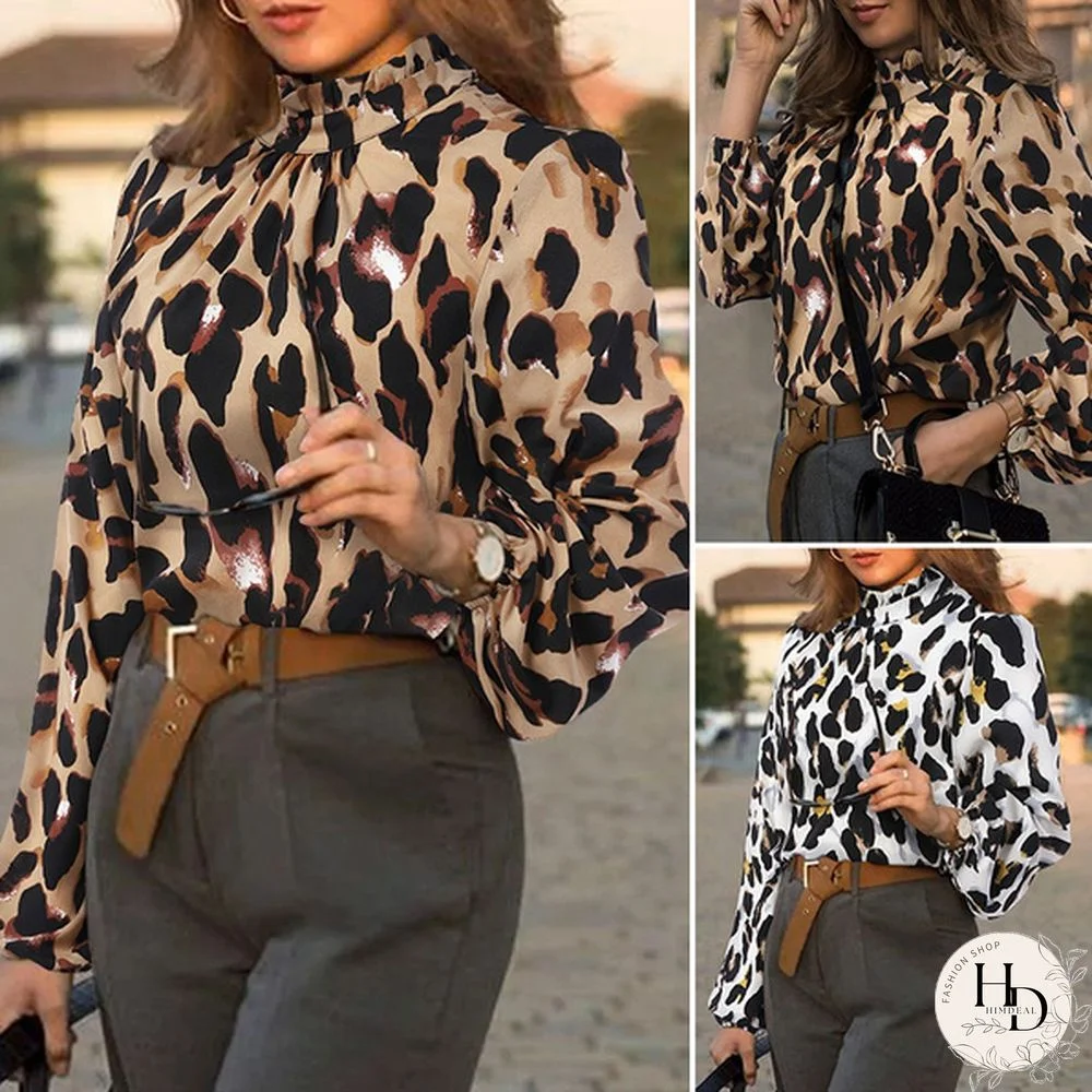 ZANZEA Women Leopard Print Blouse Spring Summer Long Puff Sleeve Tops Casual Loose Turtleneck Oversized