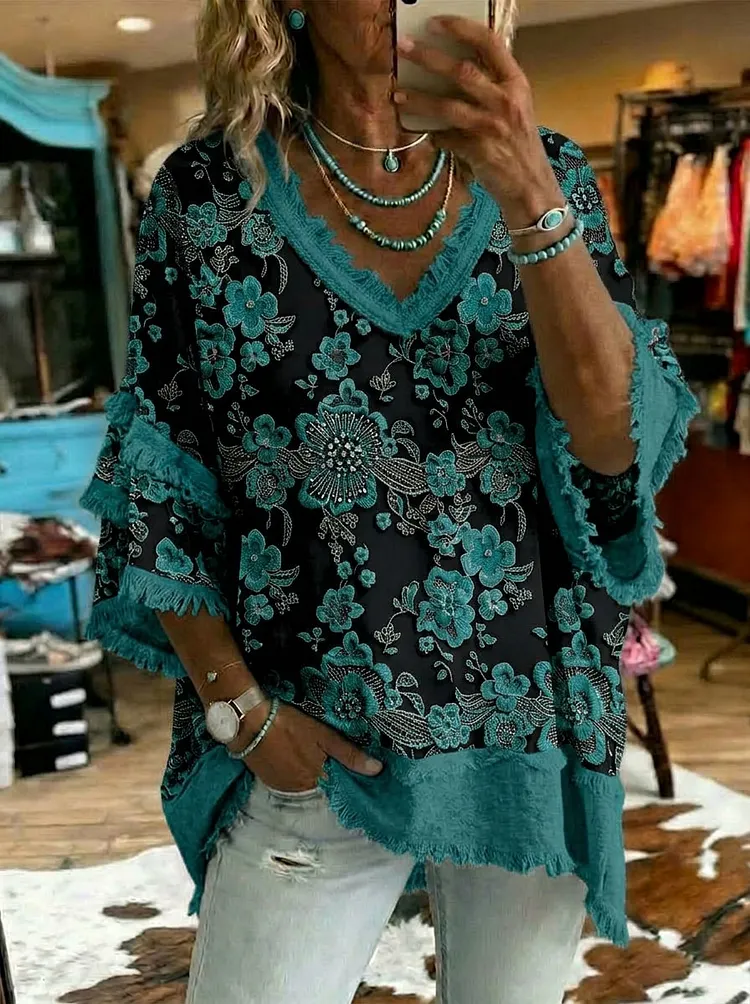 Vintage Floral Print Patchwork Cotton And Linen Shirt