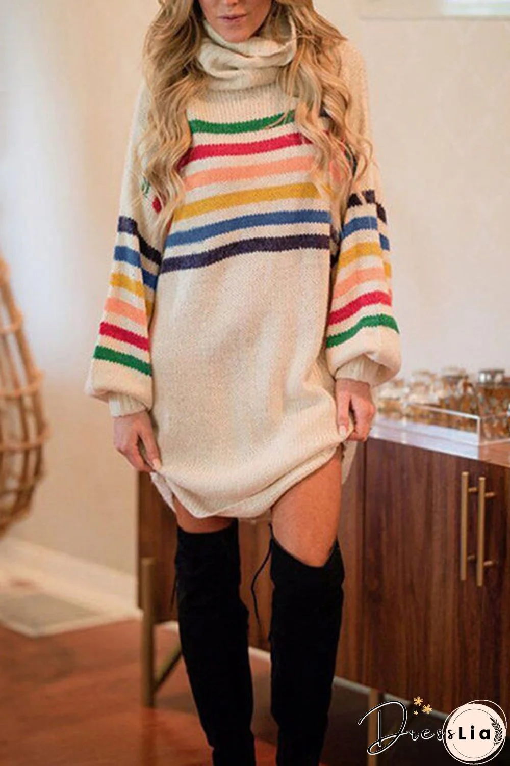 Turtleneck Rainbow Stripe Sweater Dress