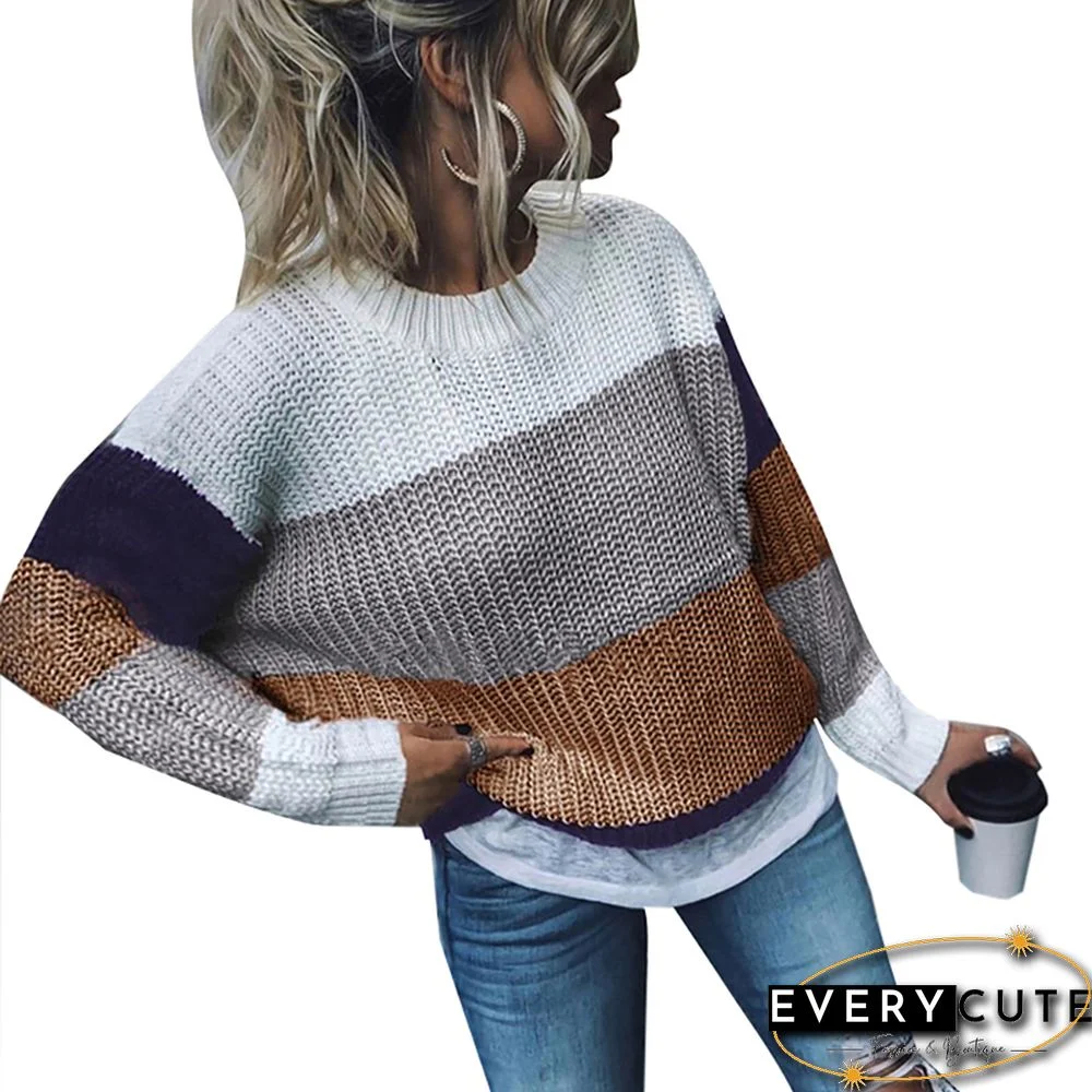 Brown Striped Color Block Loose Style Sweater