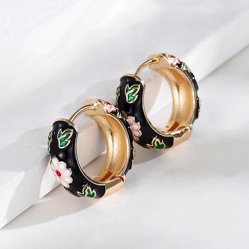 Huitan Blue/Red/Black Floral Epoxy Hoop Earrings for Women 2022 Trend Temperament Lady's Circle Earrings Wedding Party Jewelry