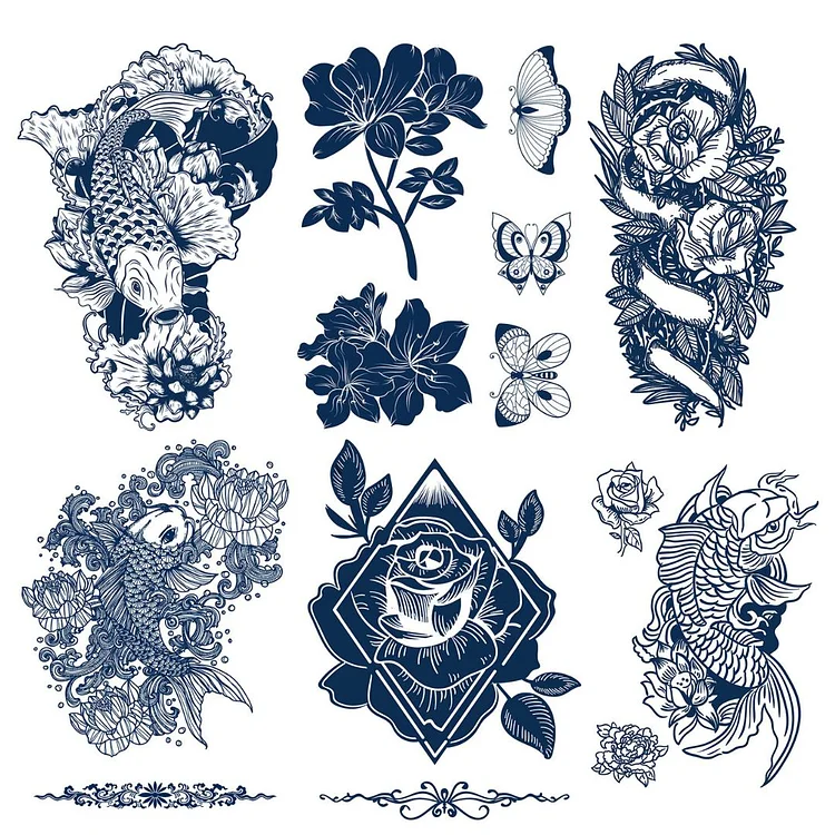 6 Sheets Fish Flower Butterfly Semi-Permanent Tattoo Stickers 