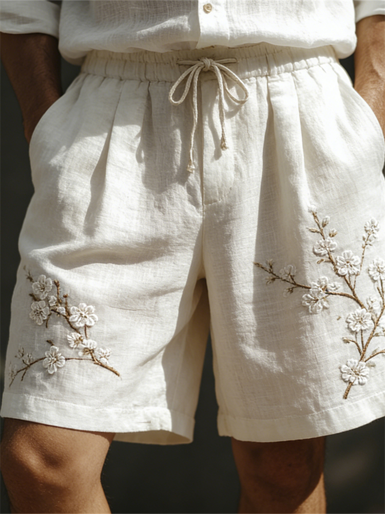 Men's Classy White Almond Blossom Embroidered Linen Shorts  artssus