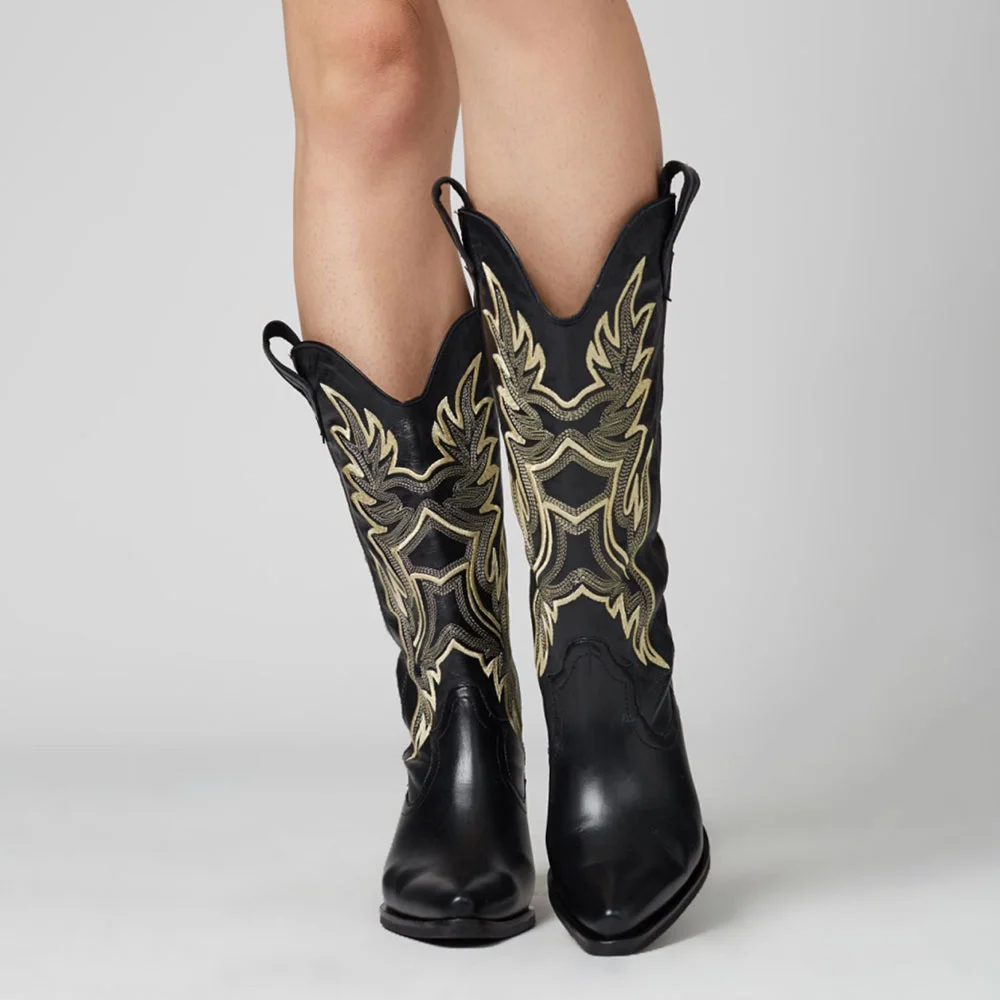 Black Snip Toe Chunky Heel Embroidered Western Cowgirl Boots