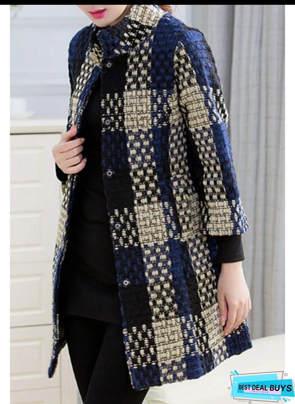 High Neck Slit Pocket Checkered Coats